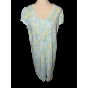 Miss Elaine Nightgown Womens Large Blue Floral Lace Trim Short Sleeve Knit Gown